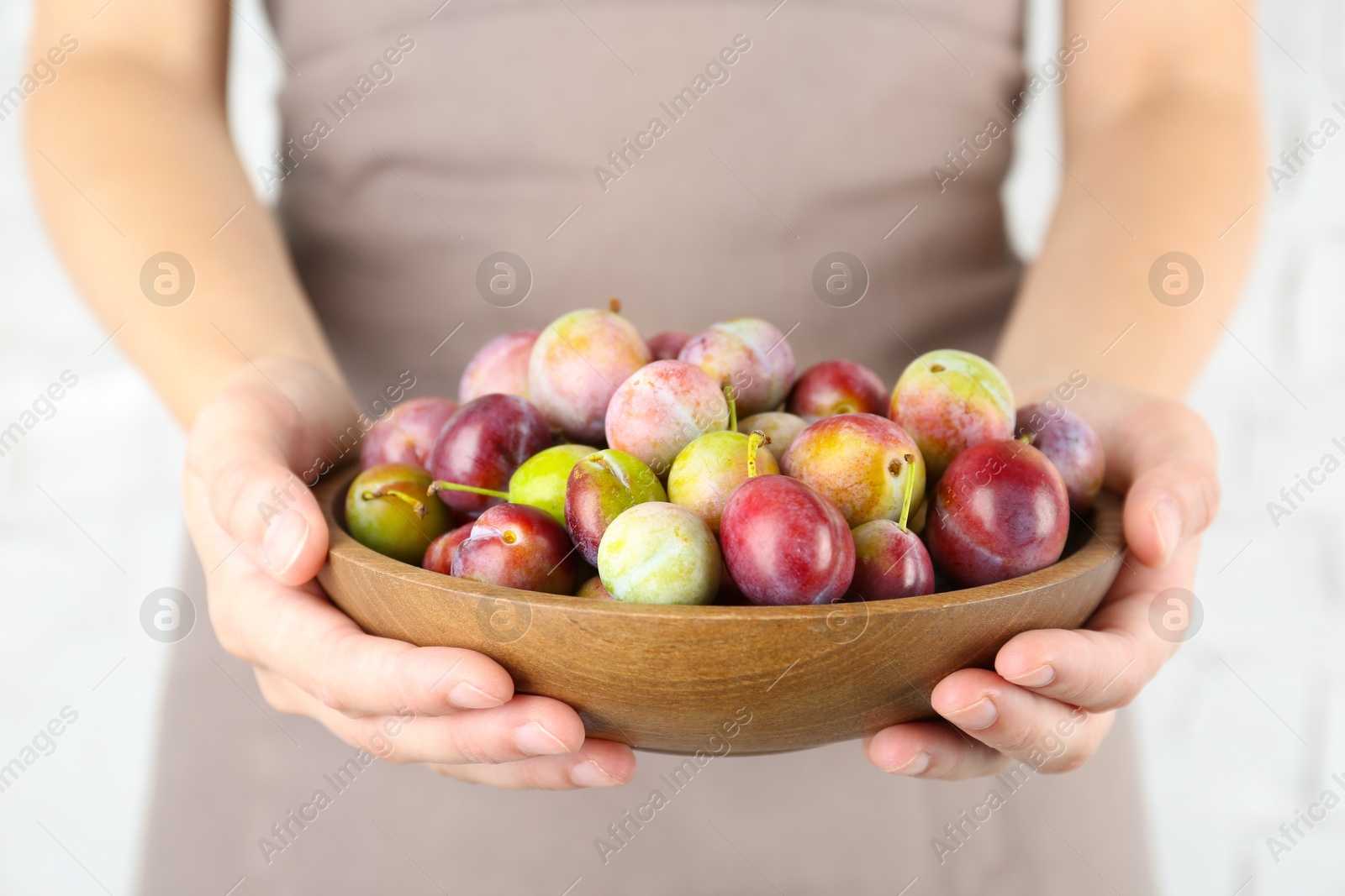 Photo of Woman holding bowl of ripe plums against white background, closeup