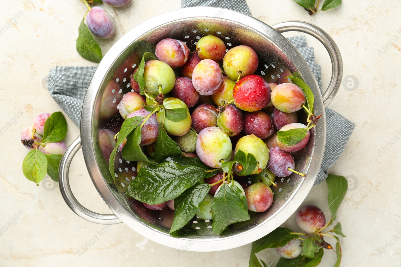 Photo of Ripe plums and leaves in colander on light table, flat lay