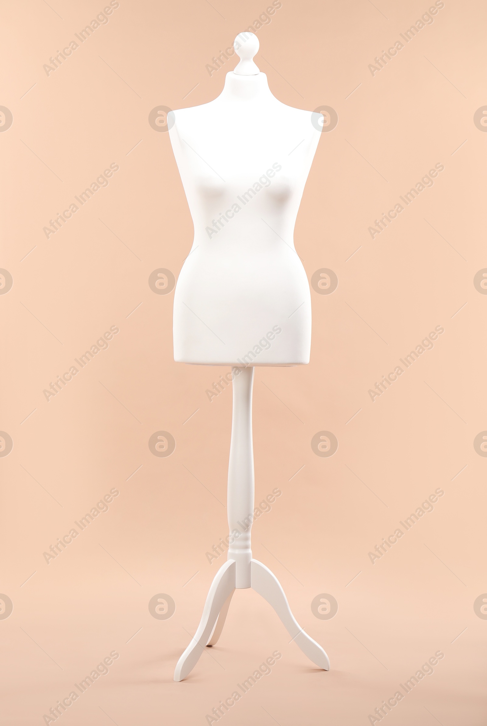 Photo of One female mannequin on stand against beige background