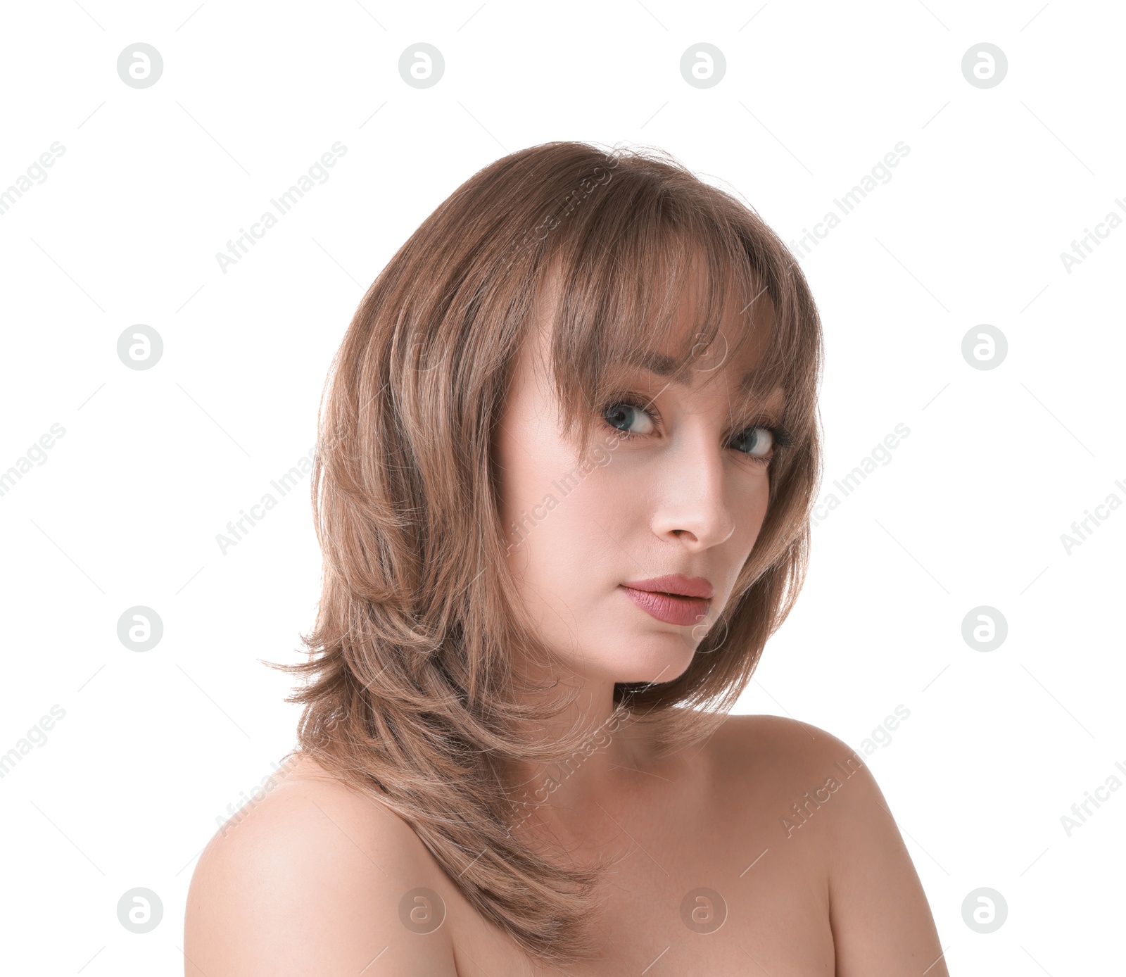 Photo of Attractive woman with stylish haircut on white background