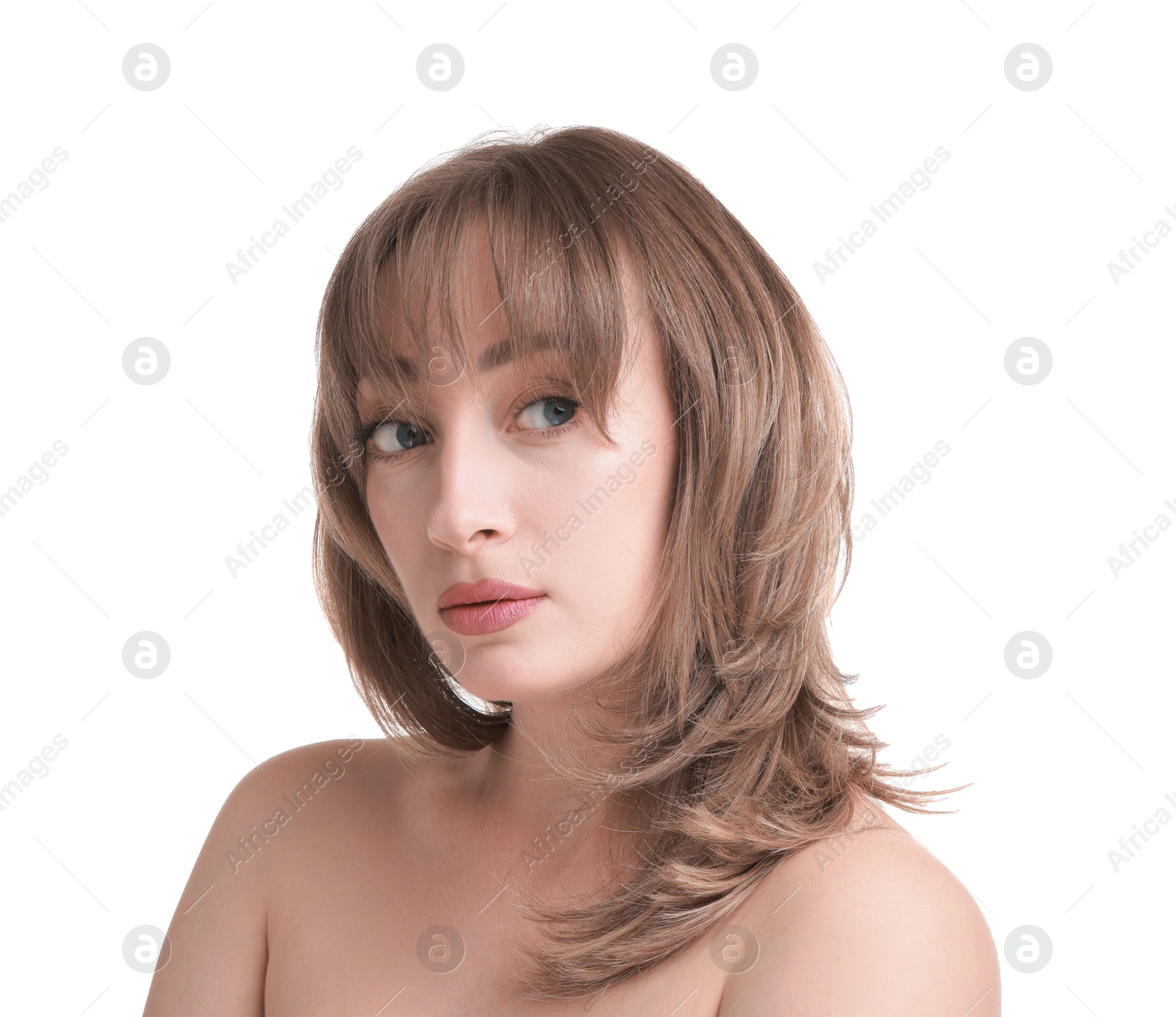 Photo of Attractive woman with stylish haircut on white background