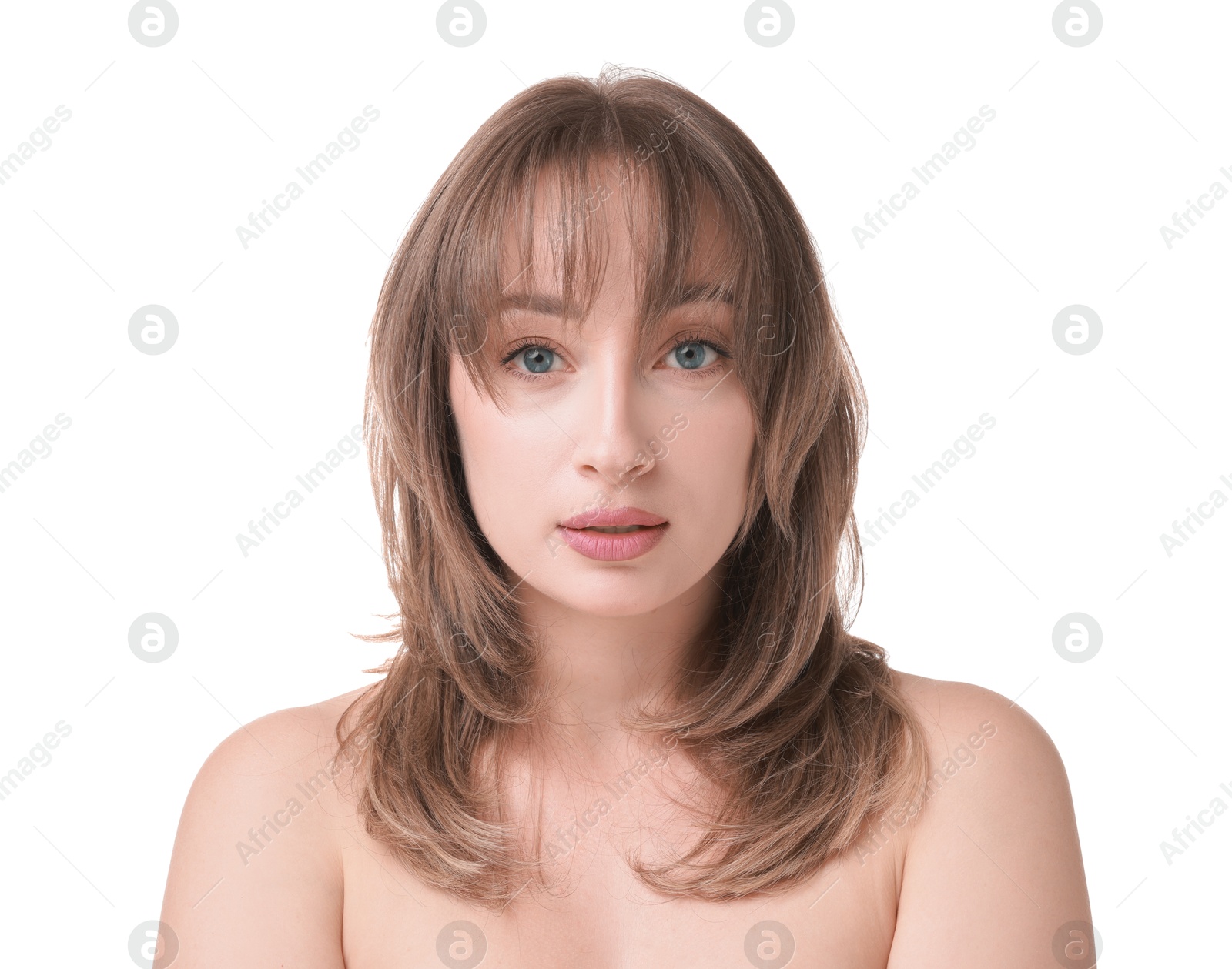 Photo of Attractive woman with stylish haircut on white background