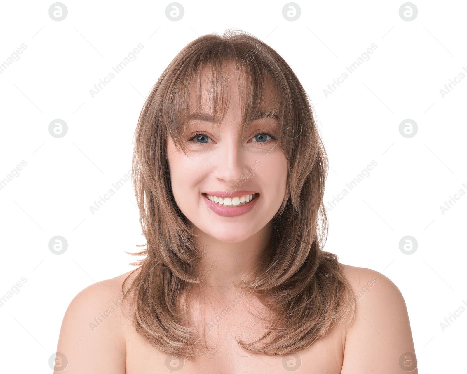 Photo of Attractive woman with stylish haircut on white background