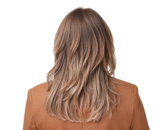 Woman with stylish haircut on white background, back view