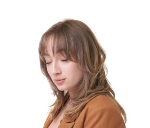 Photo of Attractive woman with stylish haircut on white background