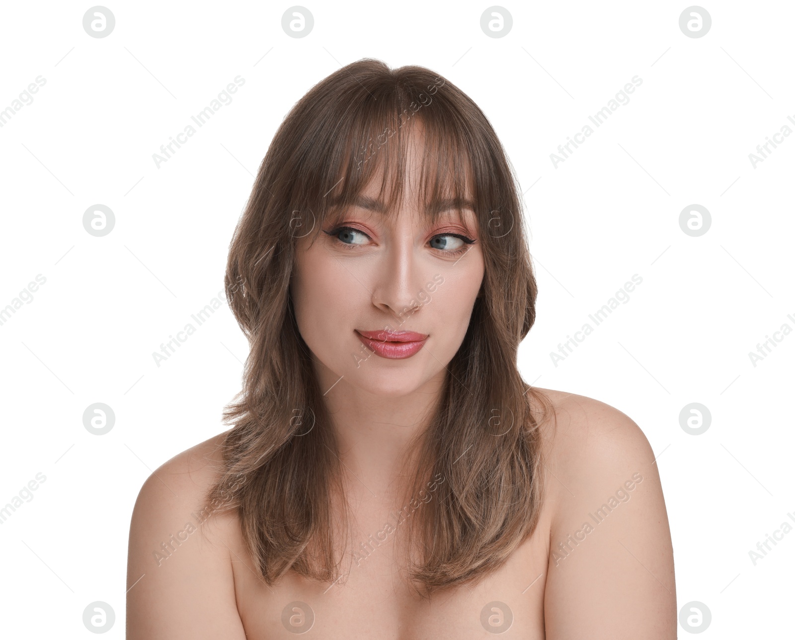 Photo of Attractive woman with stylish haircut on white background