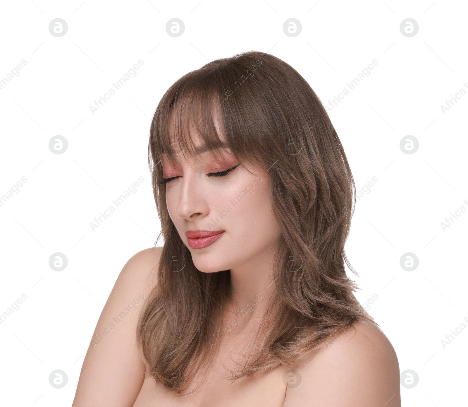 Photo of Attractive woman with stylish haircut on white background