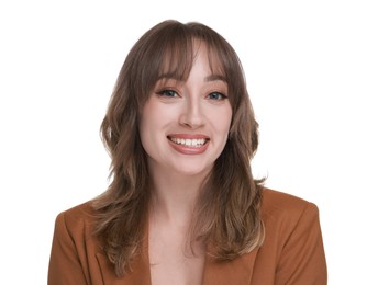 Attractive woman with stylish haircut on white background