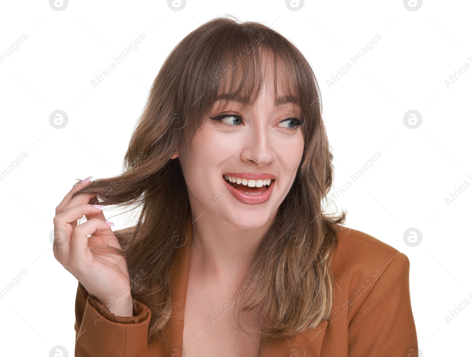 Photo of Attractive woman with stylish haircut on white background