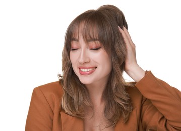 Attractive woman with stylish haircut on white background