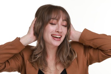 Attractive woman with stylish haircut on white background