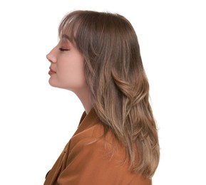 Attractive woman with stylish haircut on white background