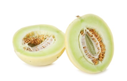 Photo of Halves of fresh honeydew melon isolated on white