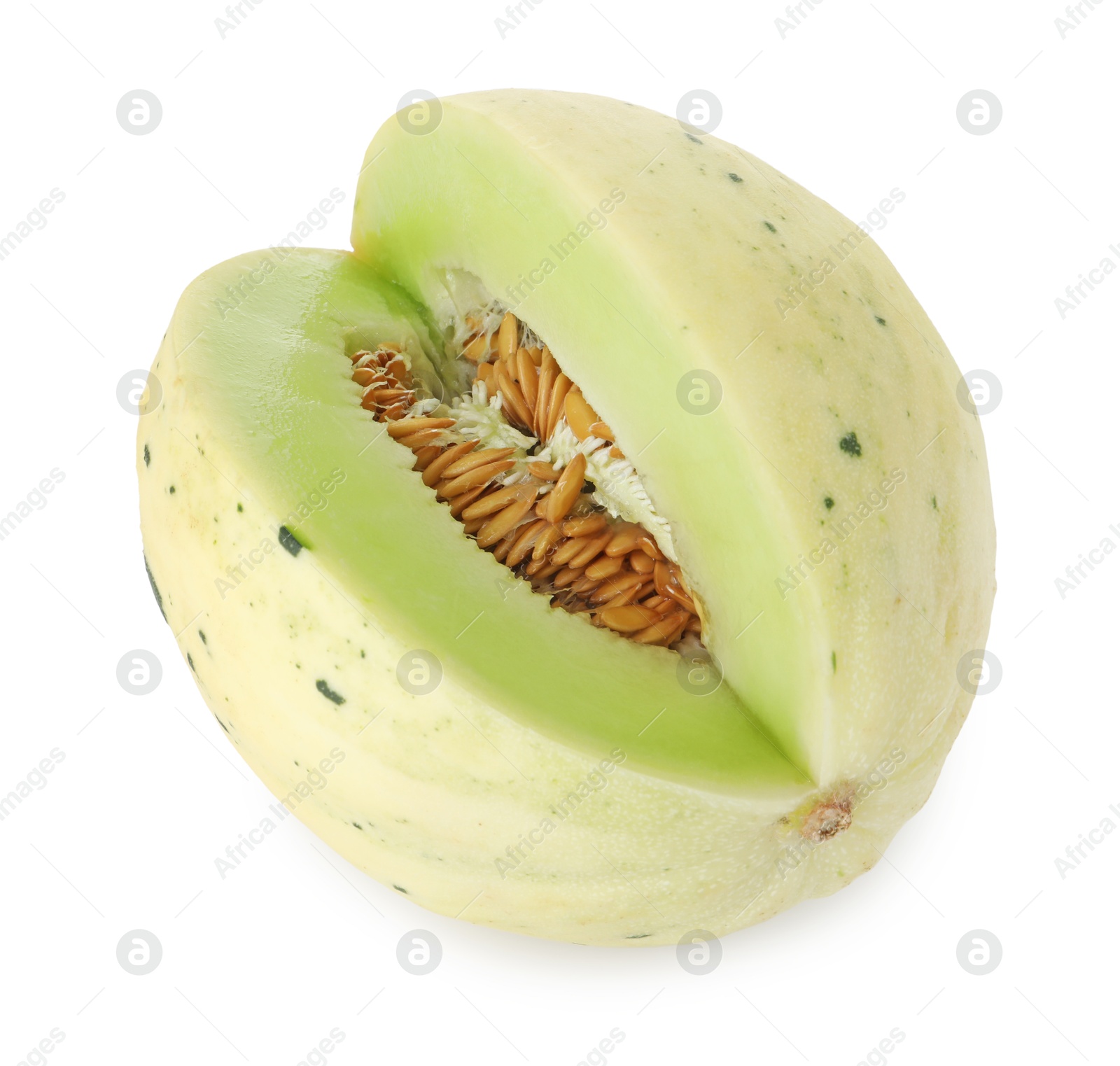 Photo of Cut fresh ripe honeydew melon isolated on white