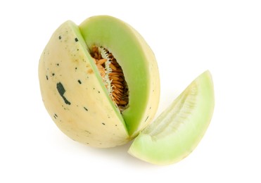 Photo of Cut fresh ripe honeydew melon isolated on white