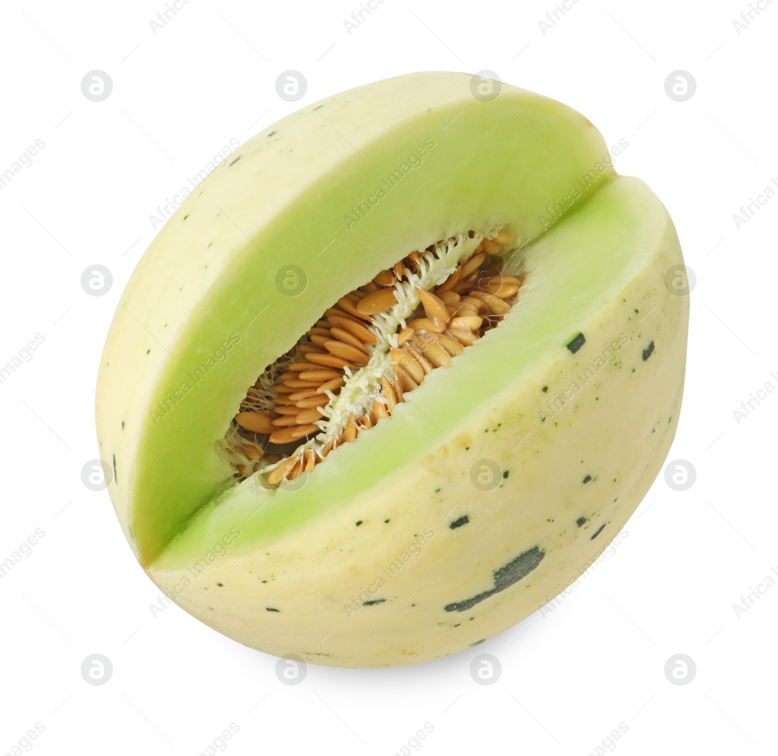 Photo of Cut fresh ripe honeydew melon isolated on white