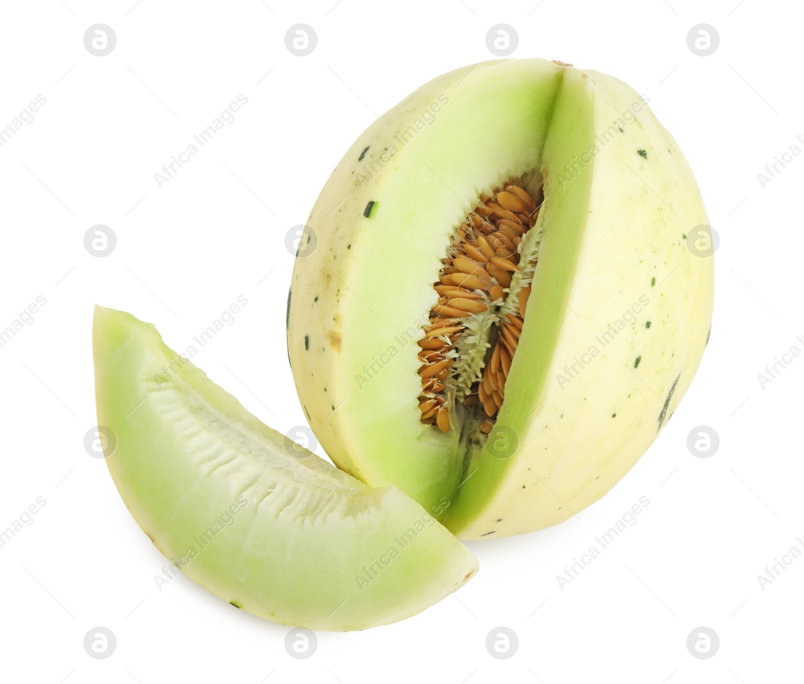 Photo of Cut fresh ripe honeydew melon isolated on white