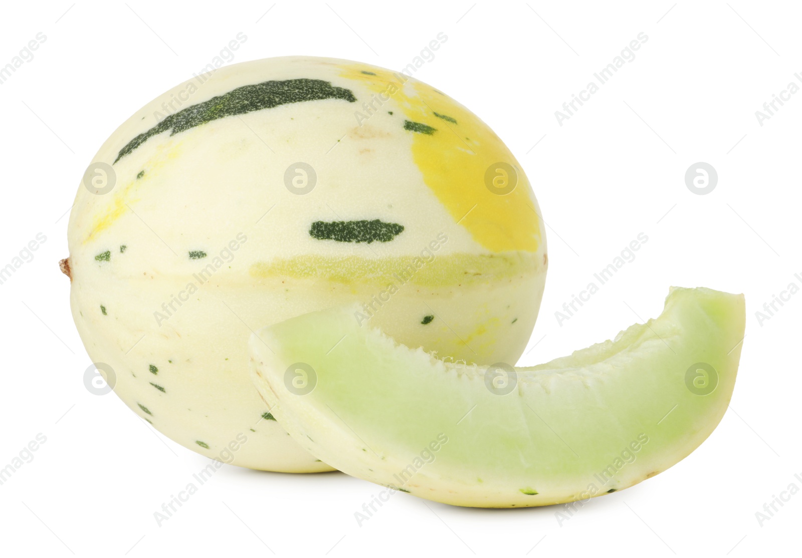 Photo of Whole and cut fresh ripe honeydew melons isolated on white