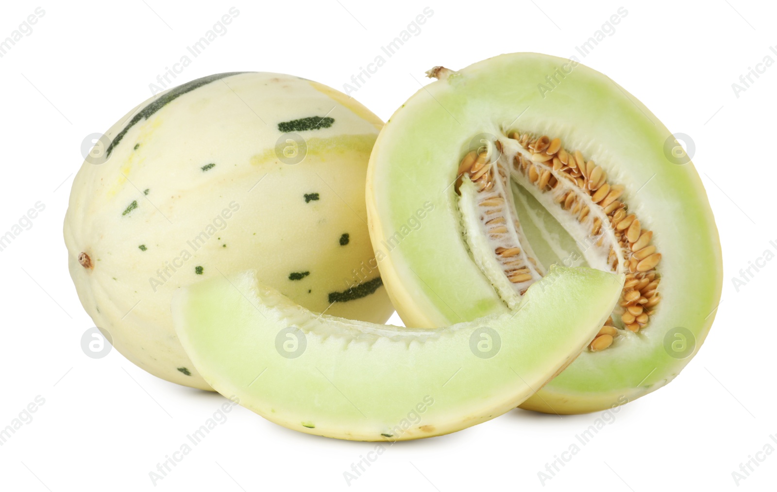 Photo of Whole and cut fresh ripe honeydew melons isolated on white