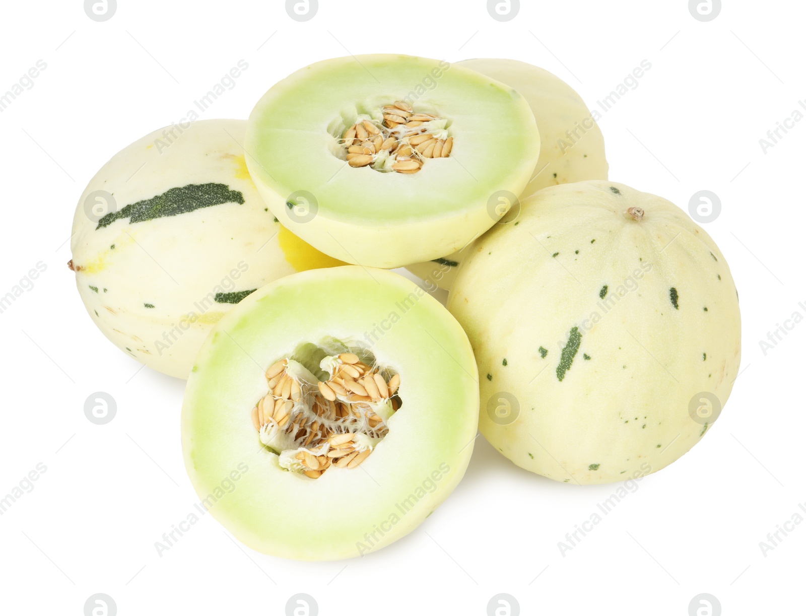 Photo of Whole and cut fresh ripe honeydew melons isolated on white