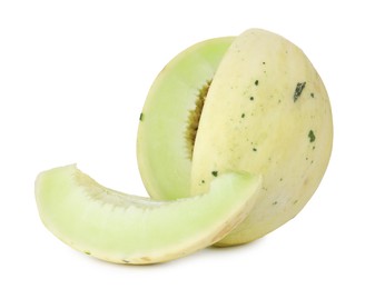 Photo of Cut fresh ripe honeydew melon isolated on white