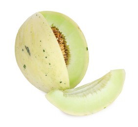 Photo of Cut fresh ripe honeydew melon isolated on white