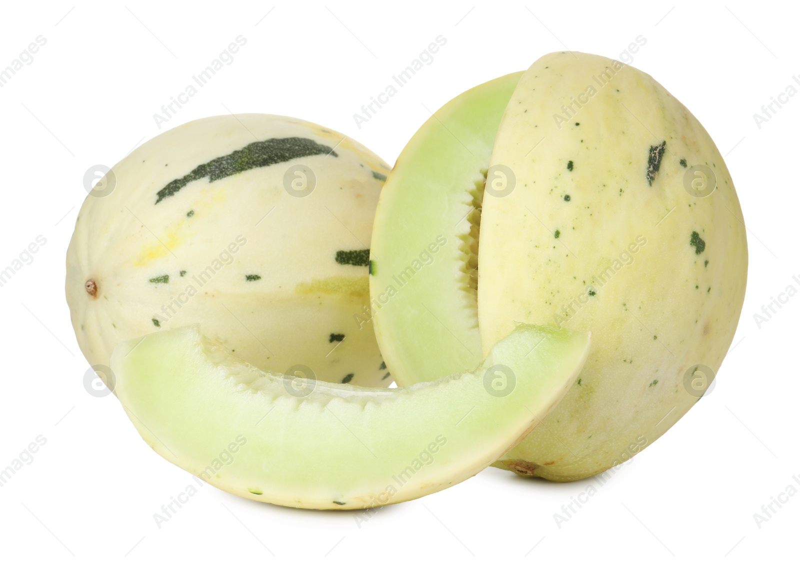 Photo of Whole and cut fresh ripe honeydew melons isolated on white