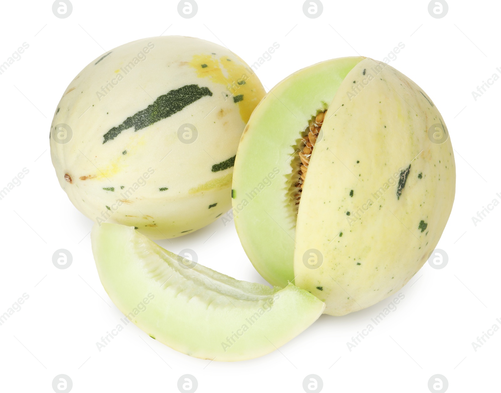 Photo of Whole and cut fresh ripe honeydew melons isolated on white