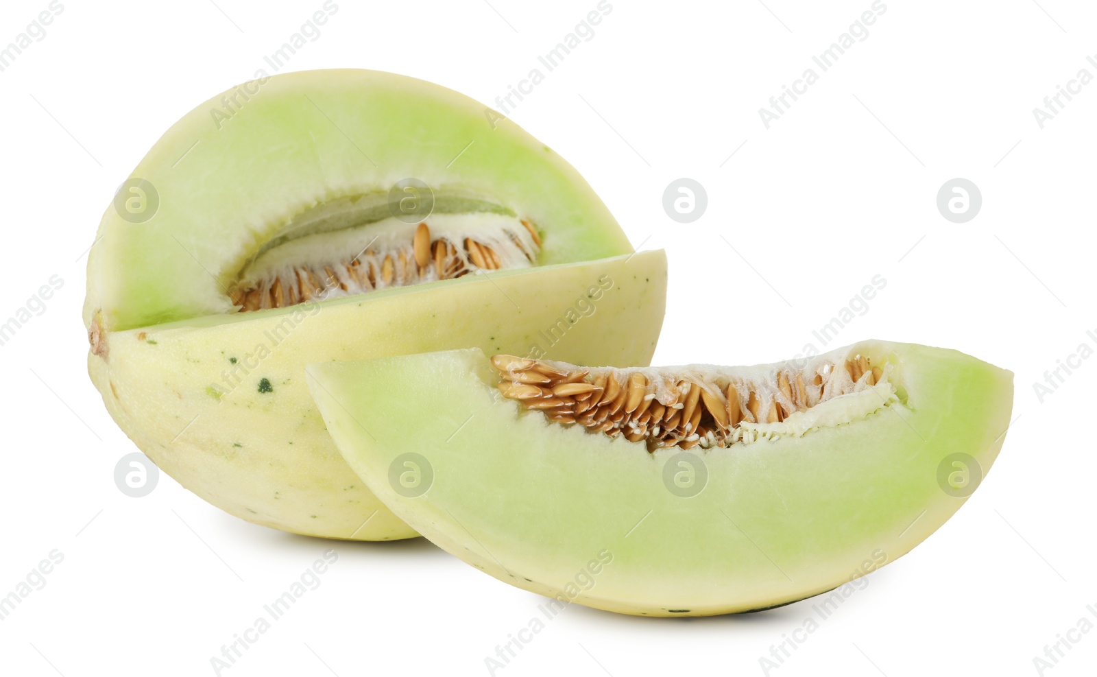 Photo of Cut fresh ripe honeydew melon isolated on white