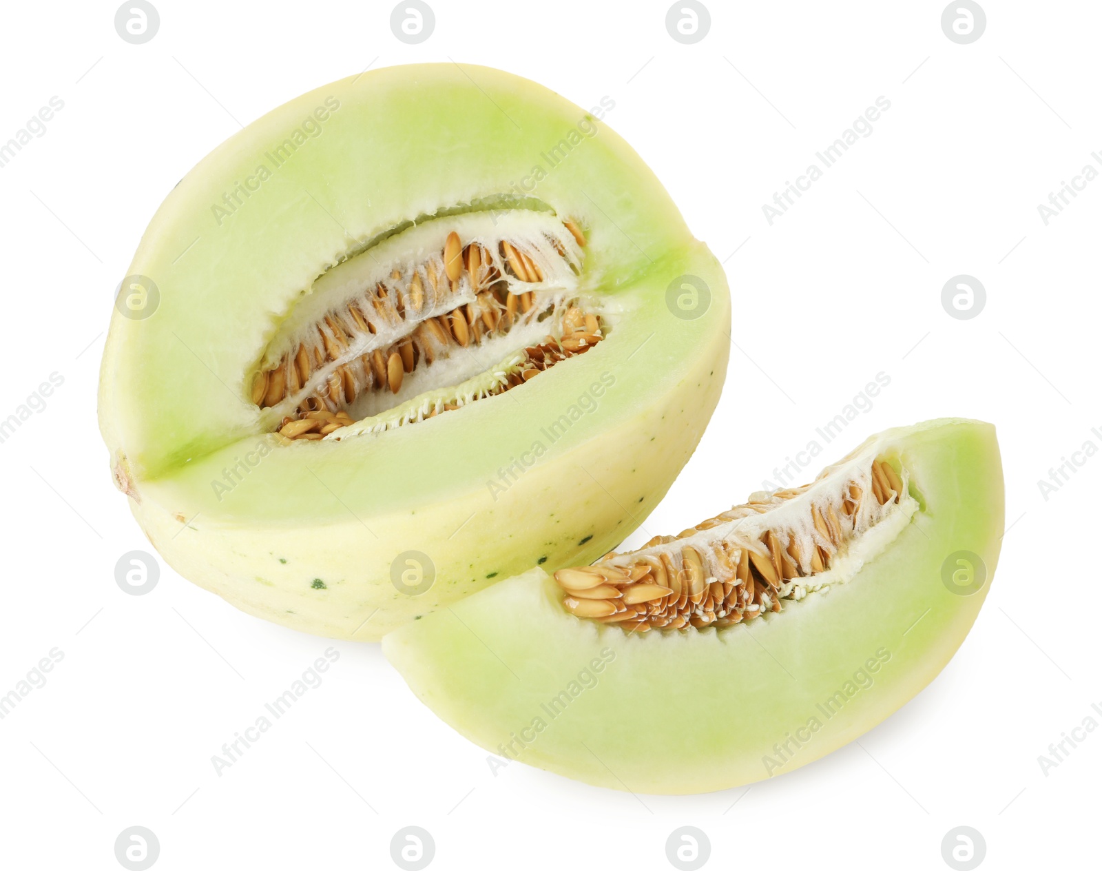 Photo of Cut fresh ripe honeydew melon isolated on white