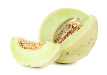 Photo of Cut fresh ripe honeydew melon isolated on white