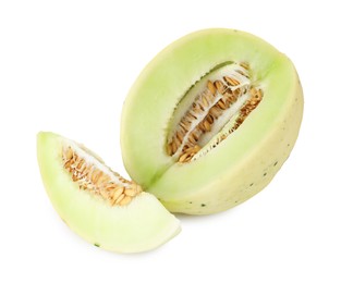 Photo of Cut fresh ripe honeydew melon isolated on white