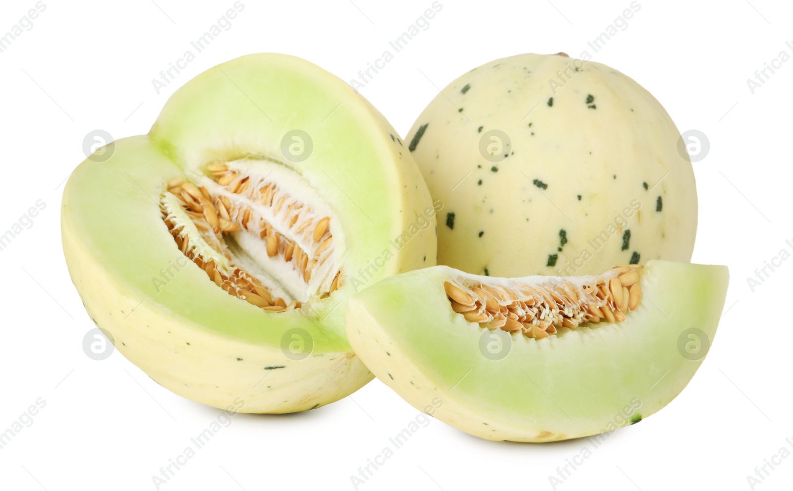 Photo of Whole and cut fresh ripe honeydew melons isolated on white