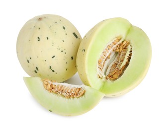 Photo of Whole and cut fresh ripe honeydew melons isolated on white