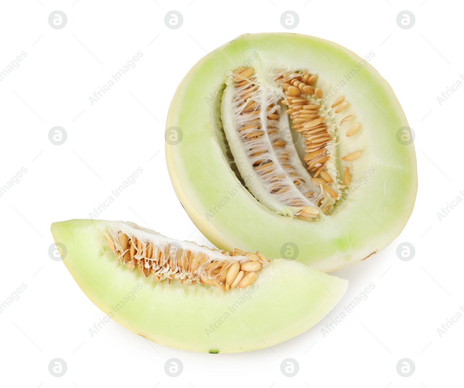 Photo of Cut fresh ripe honeydew melon isolated on white