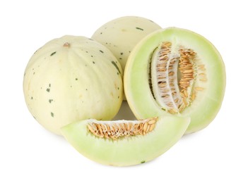 Photo of Whole and cut fresh ripe honeydew melons isolated on white