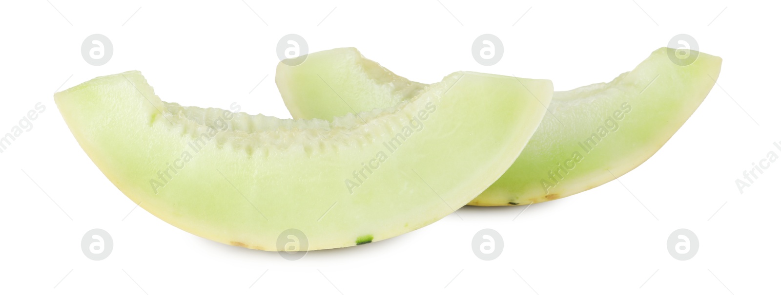 Photo of Slices of fresh honeydew melon isolated on white