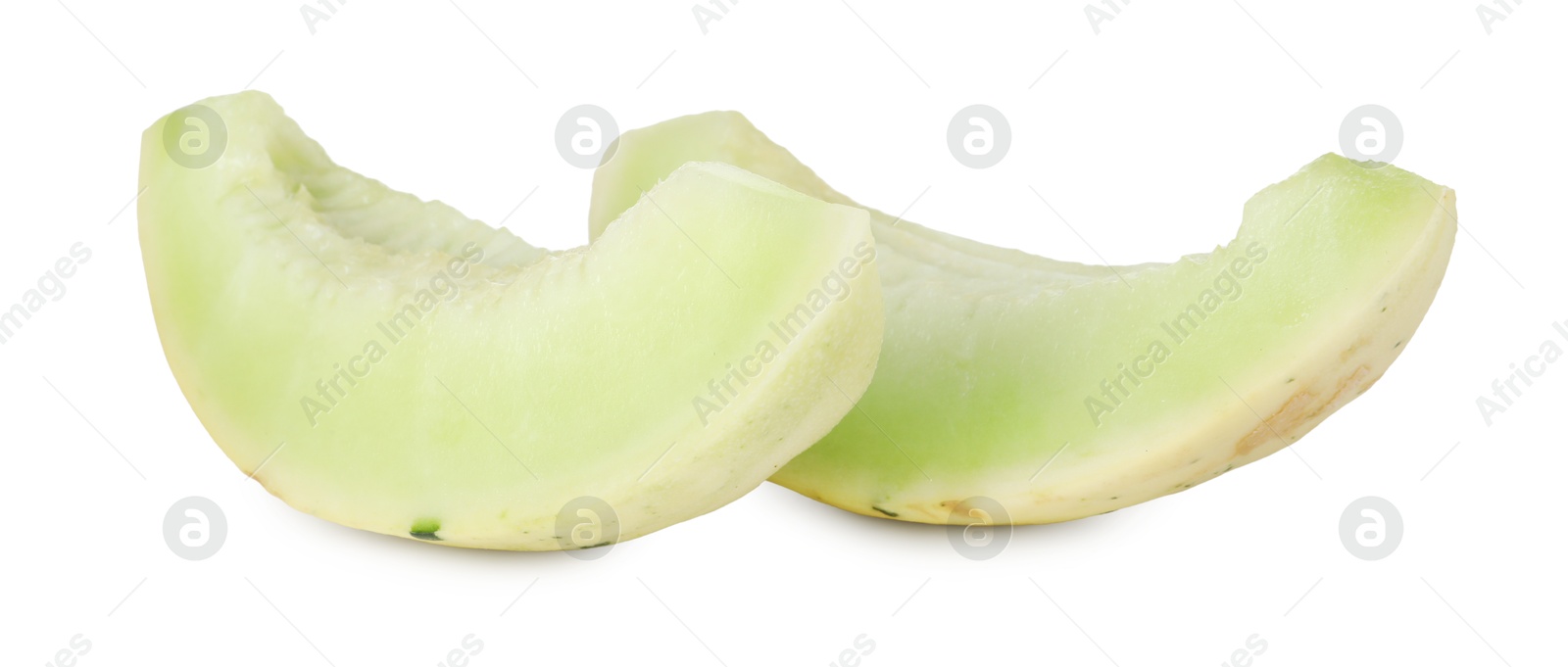 Photo of Slices of fresh honeydew melon isolated on white