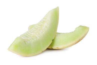 Photo of Slices of fresh honeydew melon isolated on white