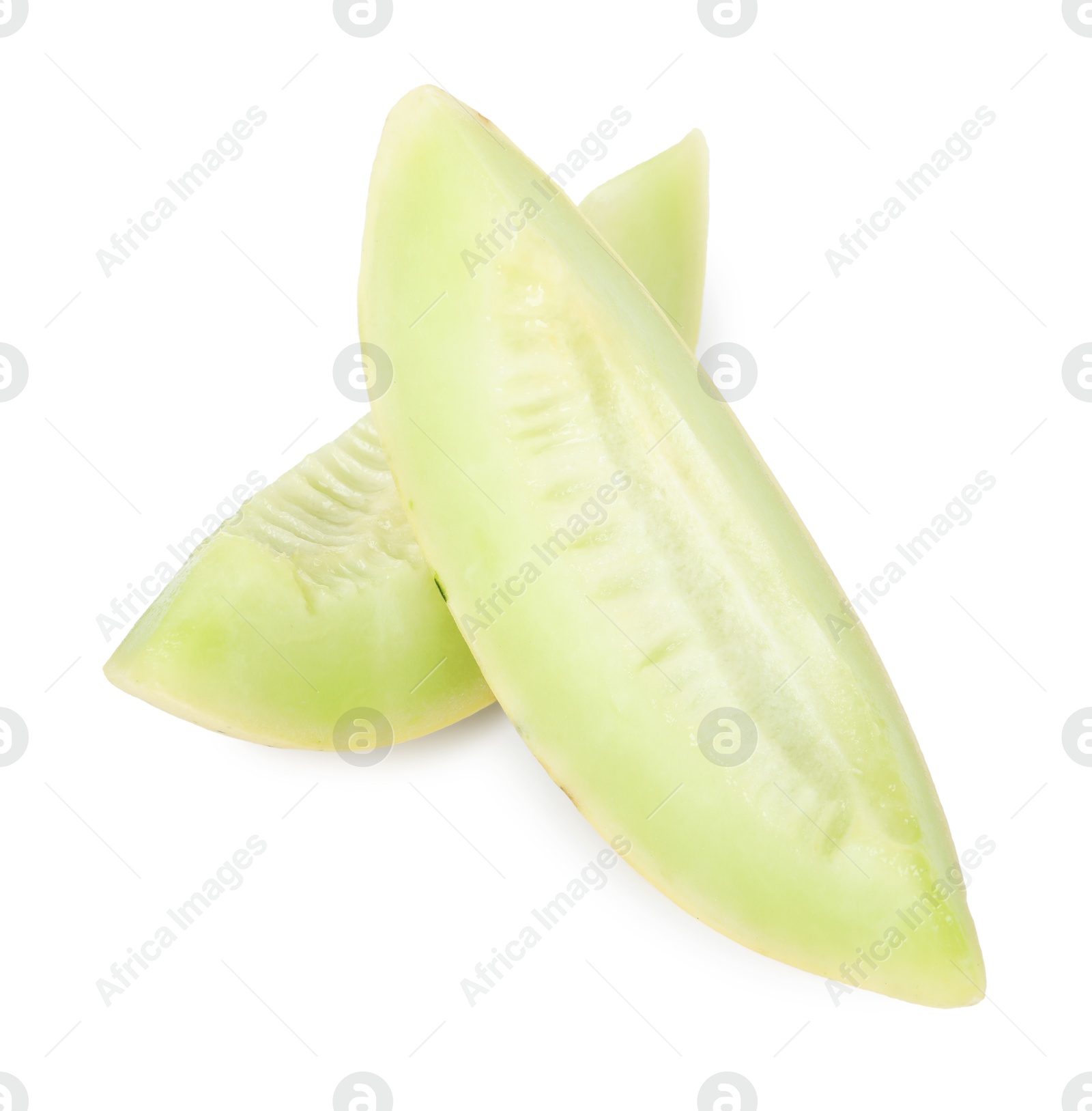 Photo of Slices of fresh honeydew melon isolated on white