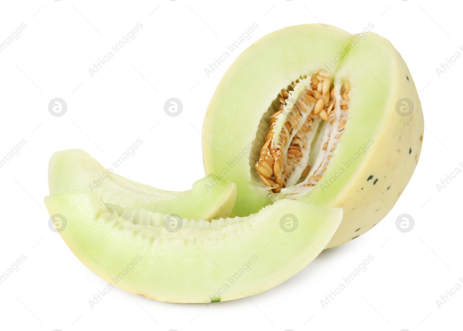 Photo of Cut fresh ripe honeydew melon isolated on white