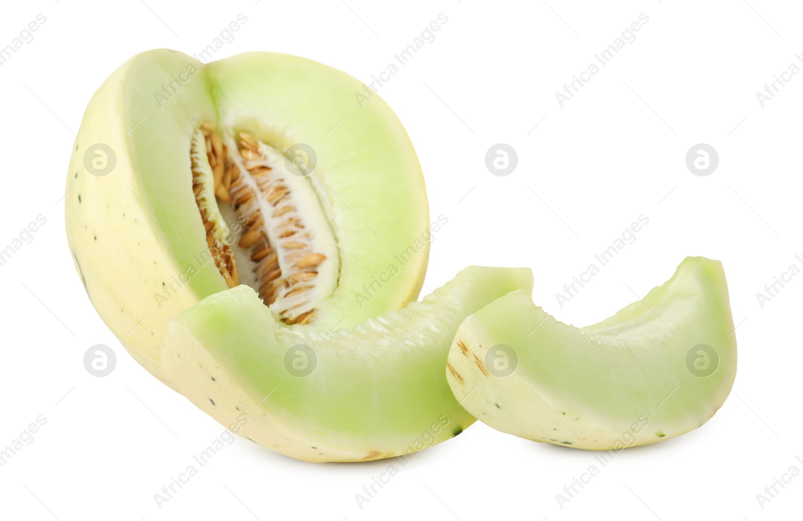 Photo of Cut fresh ripe honeydew melon isolated on white