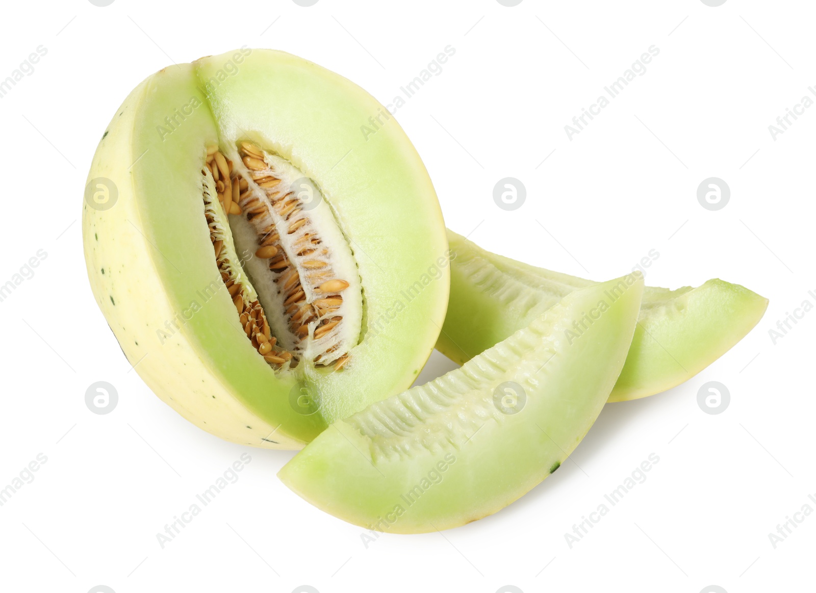 Photo of Cut fresh ripe honeydew melon isolated on white