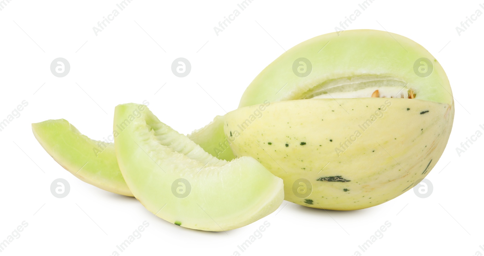 Photo of Whole and cut fresh ripe honeydew melons isolated on white