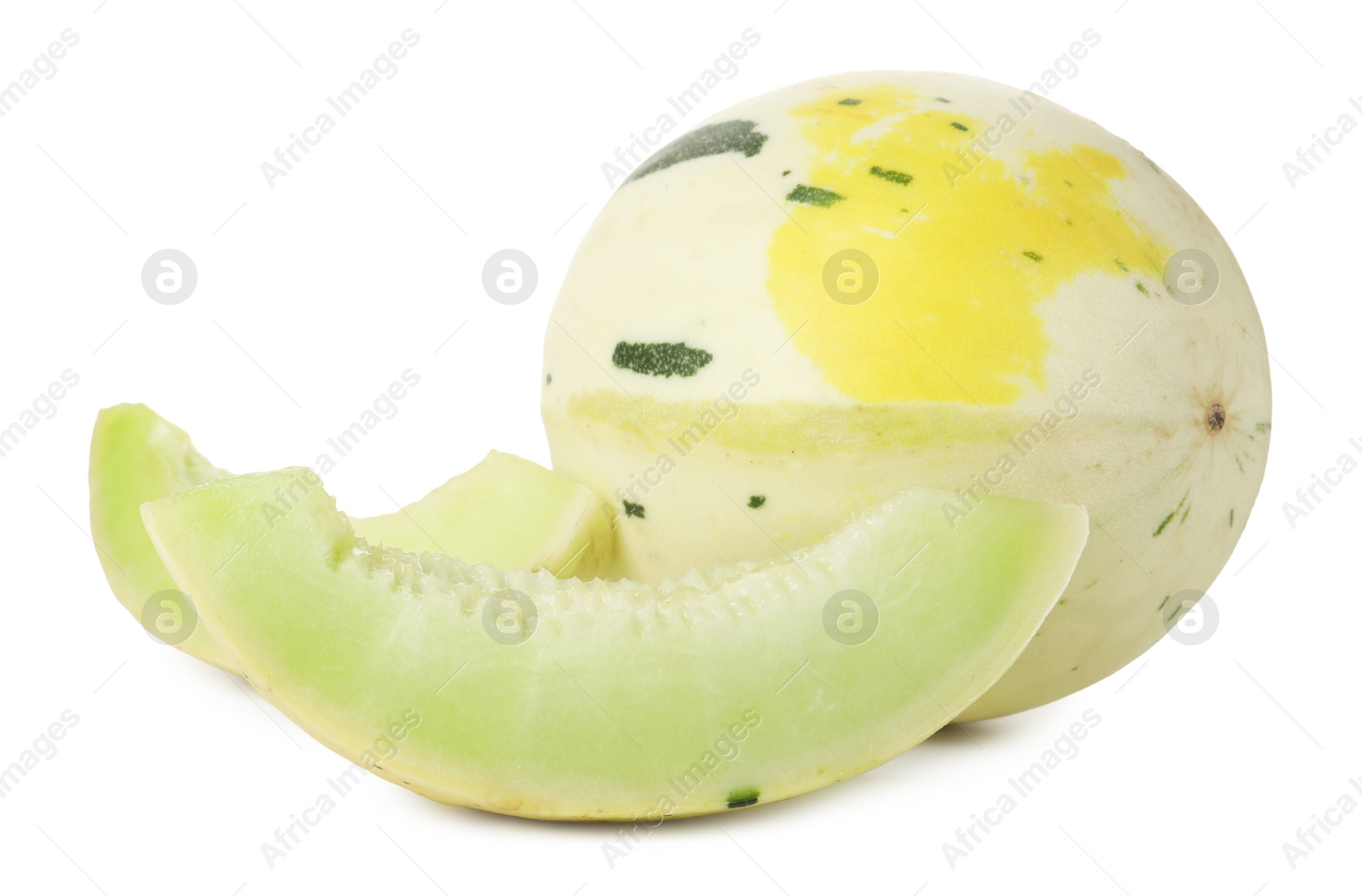 Photo of Whole and cut fresh ripe honeydew melons isolated on white