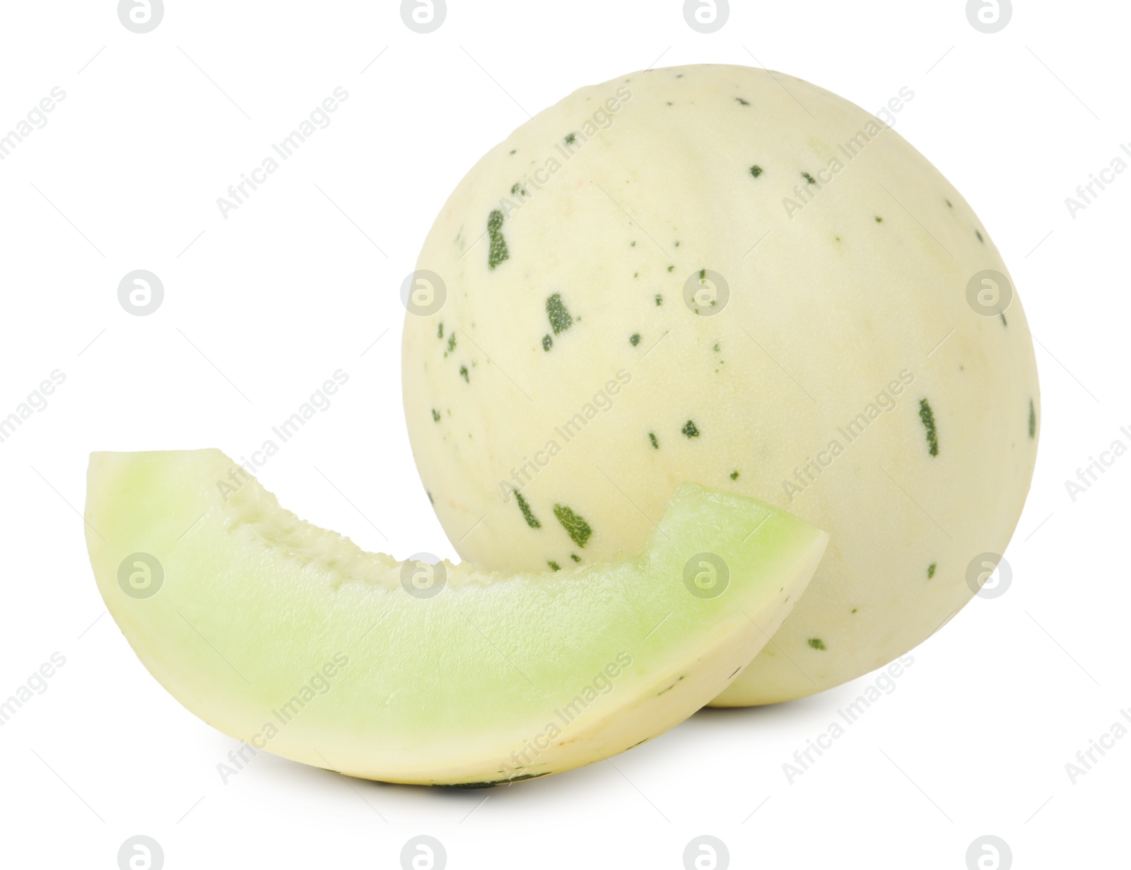 Photo of Whole and cut fresh ripe honeydew melons isolated on white