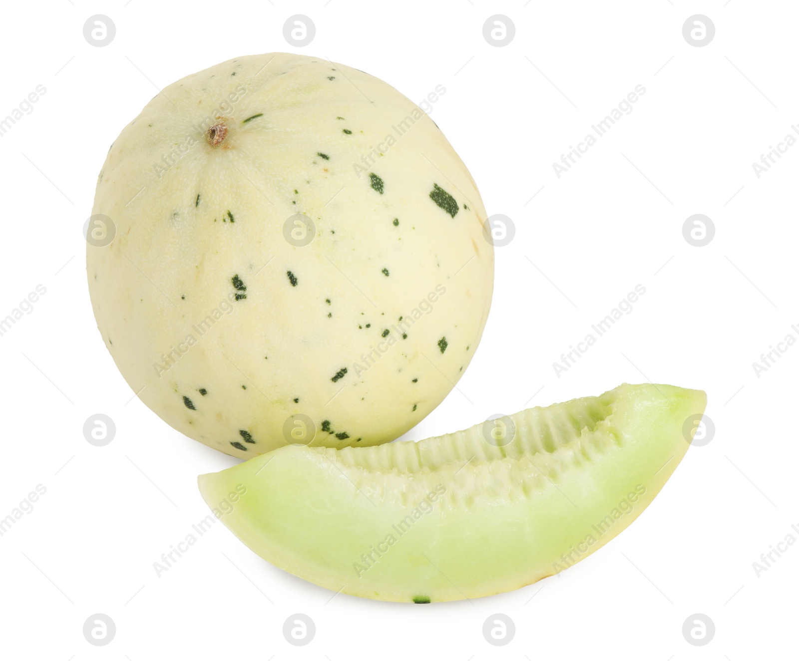 Photo of Whole and cut fresh ripe honeydew melons isolated on white