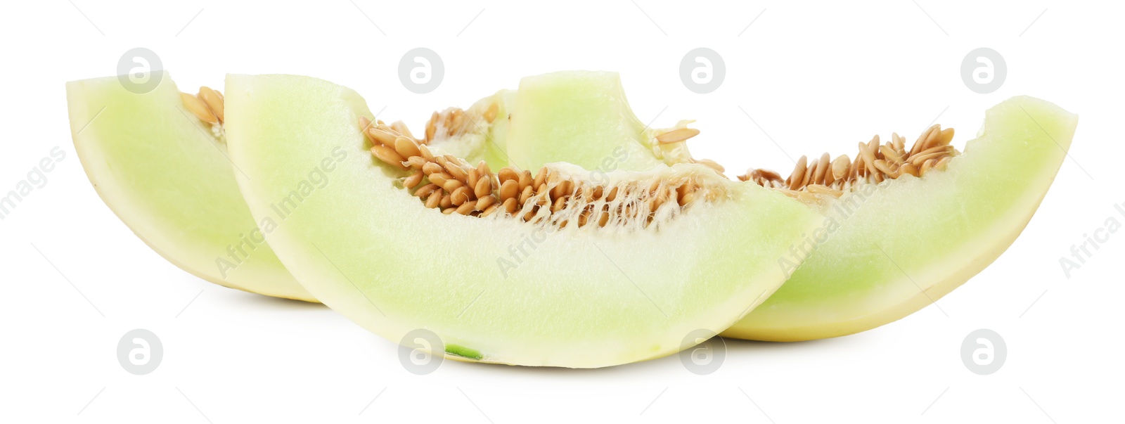 Photo of Pieces of fresh ripe honeydew melon isolated on white