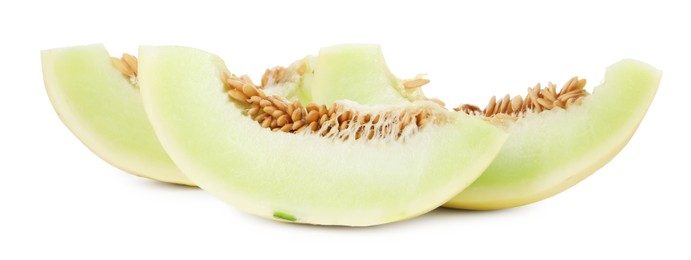 Photo of Pieces of fresh ripe honeydew melon isolated on white