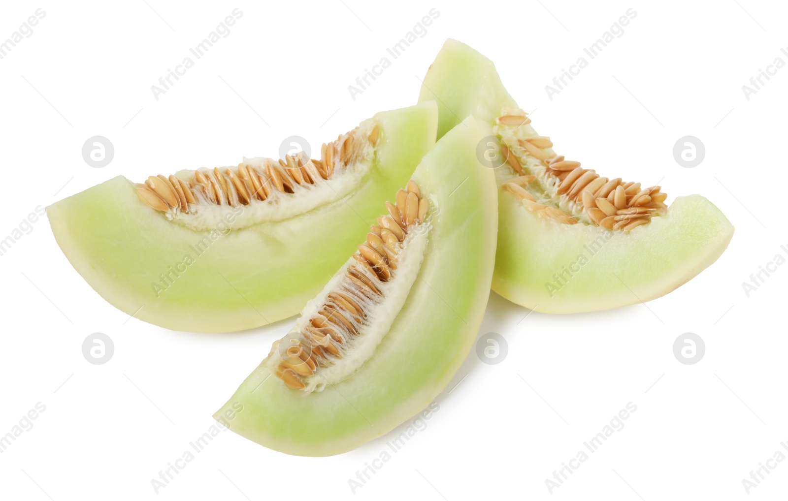 Photo of Pieces of fresh ripe honeydew melon isolated on white